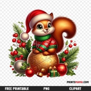 Christmas Squirrel with Golden Ornament Free Printable