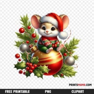 Cute Christmas Mouse with fluffy Santa hat Free Printable