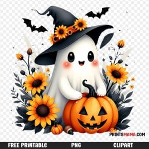 Cute Witch Ghost with Sunflowers Halloween Free Printable