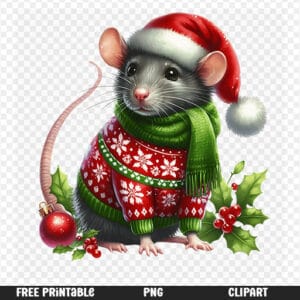 Free Printable Christmas Rat in Festive Sweater Digital Download