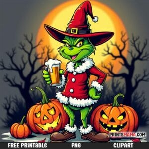 Halloween Grinch in Santa Suit with Pumpkins Free Printable