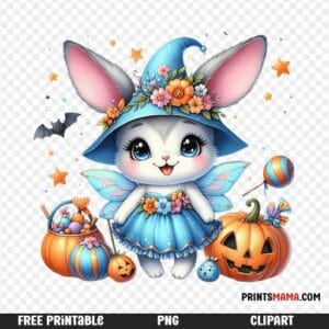 Adorable Fairy Bunny in Witch Hat Halloween Printable free