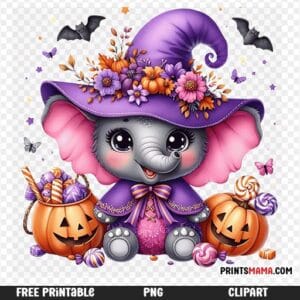 Adorable Halloween Elephant in Witch Hat Free Printable