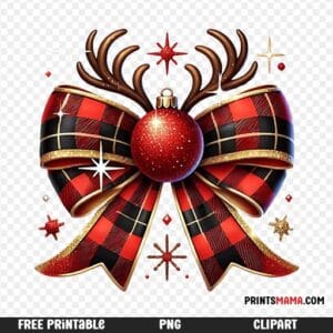 Festive Plaid Bow with Antlers and Ornament Free Christmas Printable