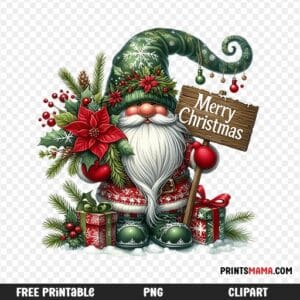 Free Printable Christmas Gnome with Merry Christmas sign