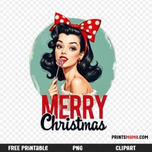 Free Printable Merry Christmas Retro Design with Polka Dot Bow