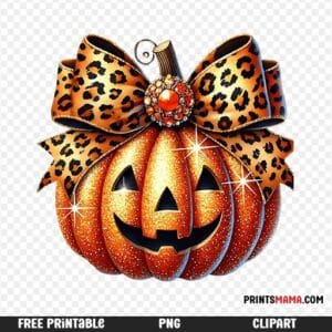 Sparkling Halloween Pumpkin with Leopard Print Bow Free Printable