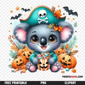 Cute Pirate Koala with Halloween Pumpkins Free Printable