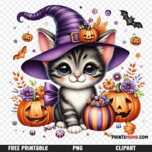 Cute Witch Cat in Purple Hat Halloween Printable Free