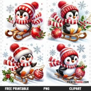 Cute Penguin on Sled with Christmas Ornament Free Printable bundle